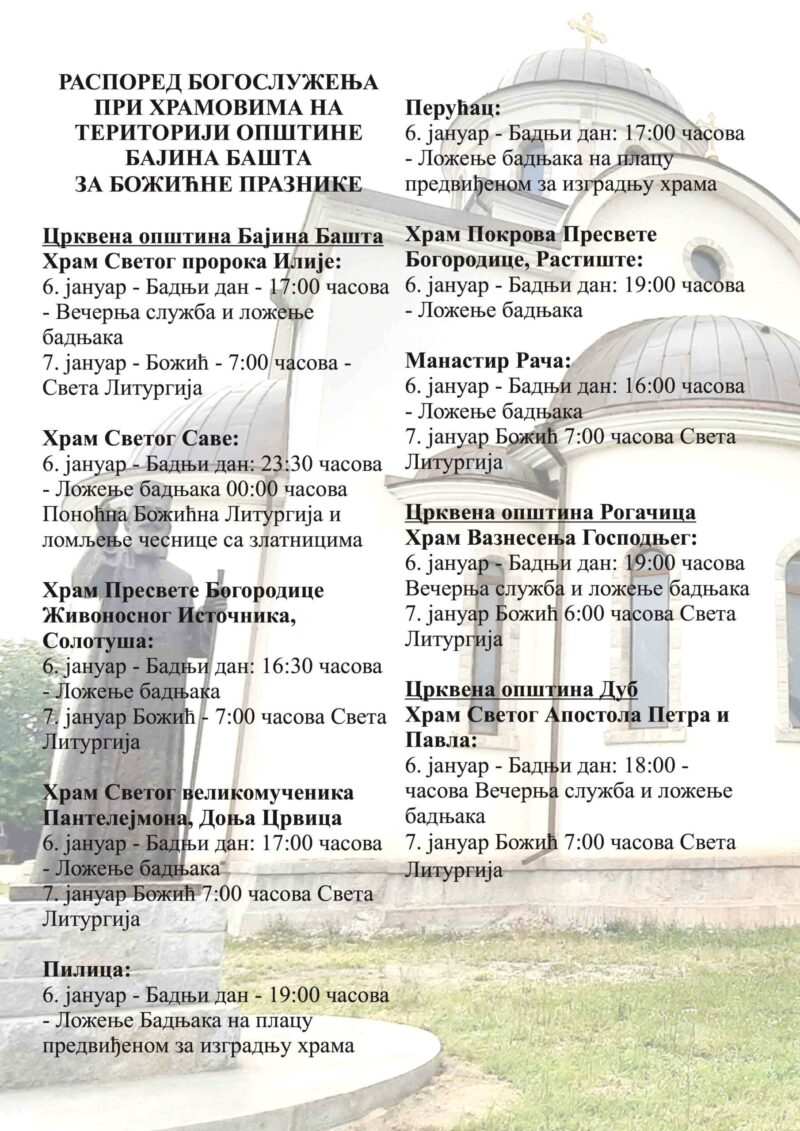 Raspored Bogosluzenja za Bozicne praznike